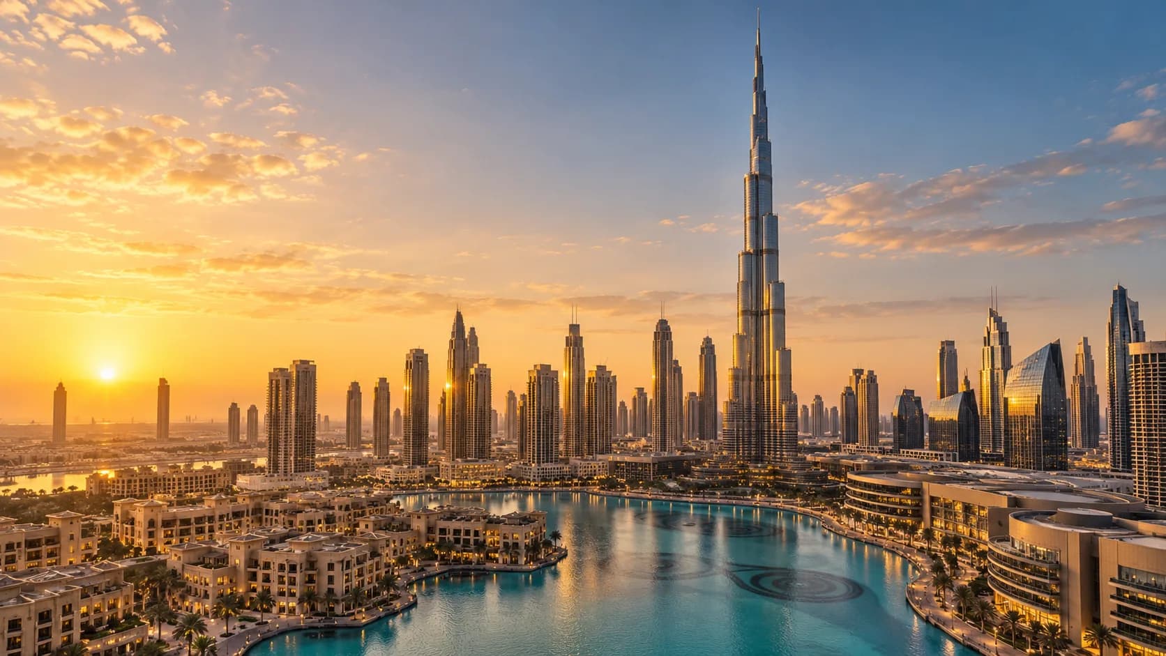 Dubai skyline with Burj Khalifa at golden hour