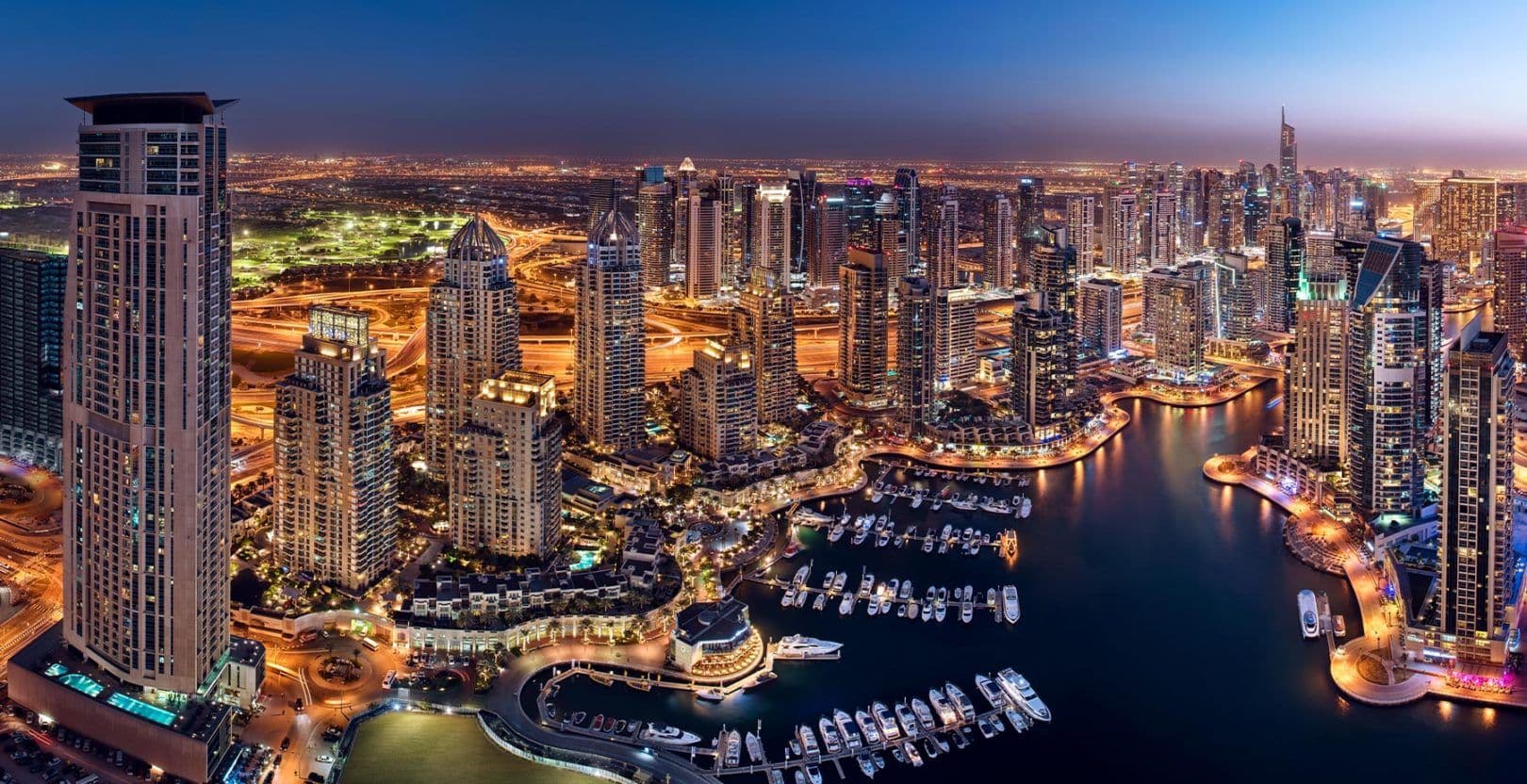 Dubai Marina skyline at dusk