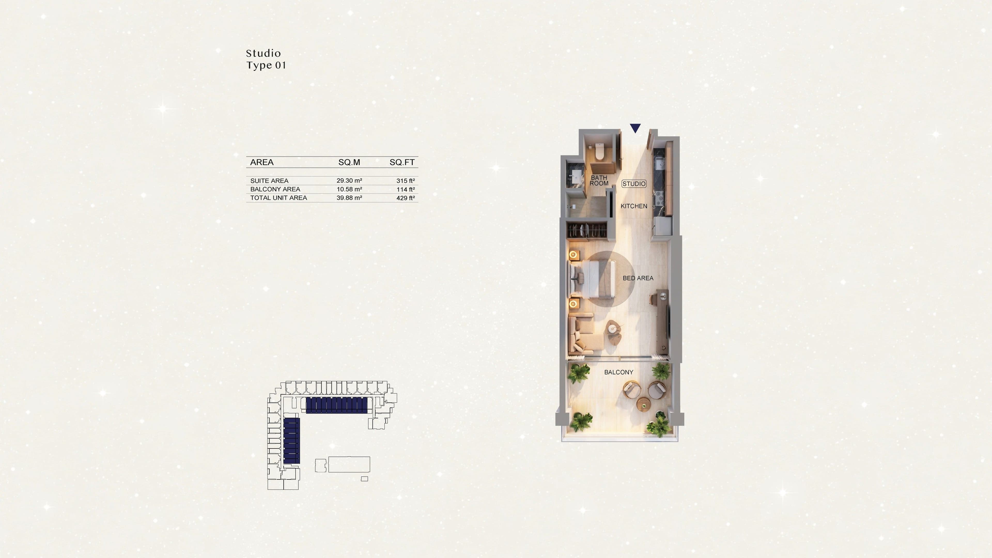 Binghatti Starfall Studio Type 01 floor plan - 429 sq ft total (representative, Binghatti)
