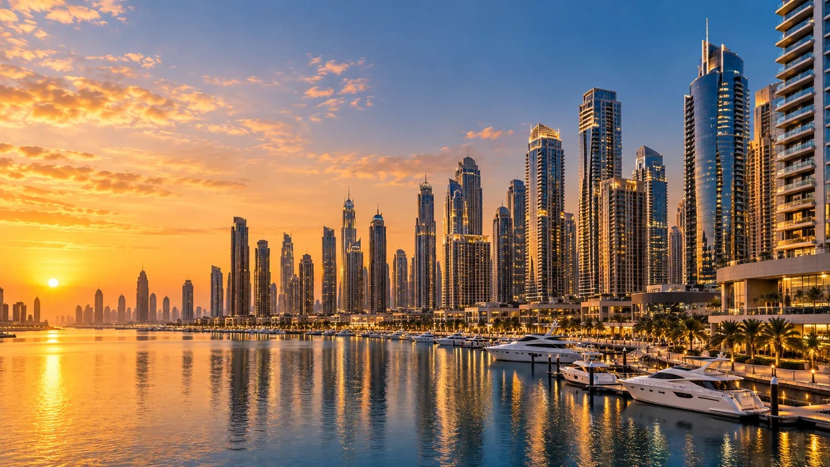 Dubai Marina towers along the waterfront at golden hour