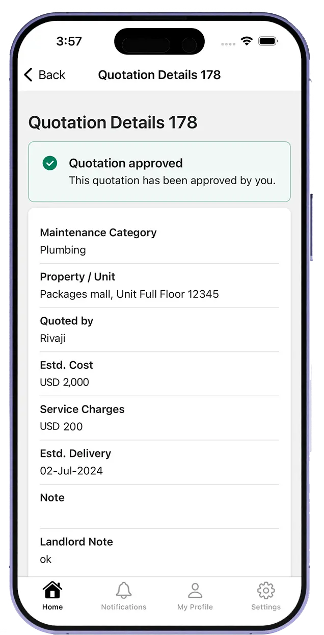 Owner app maintenance quotation approval screen