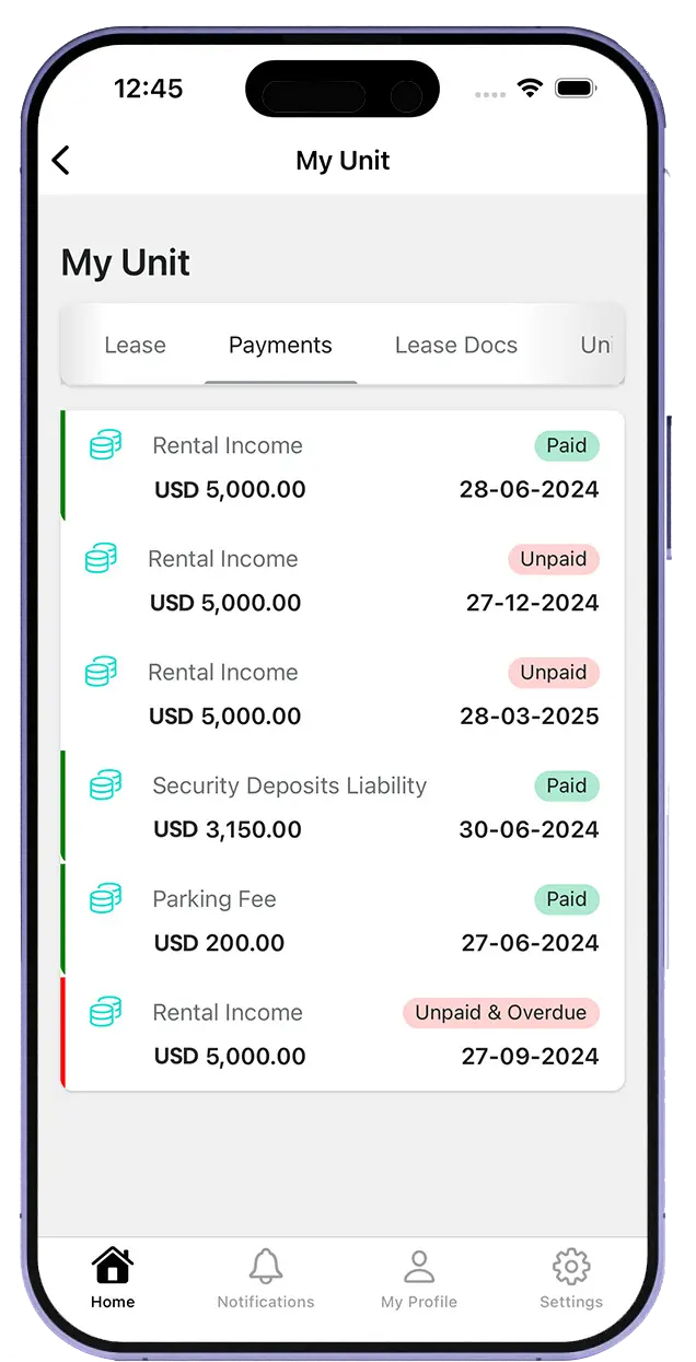 Owner app rental payments screen showing paid and unpaid rent