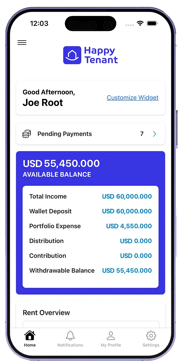 Landlord app income and balance overview screen