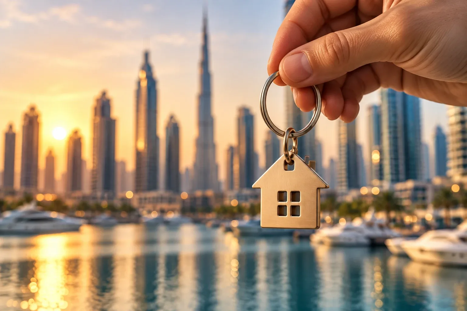 Hand holding a house keyring in front of the Dubai skyline