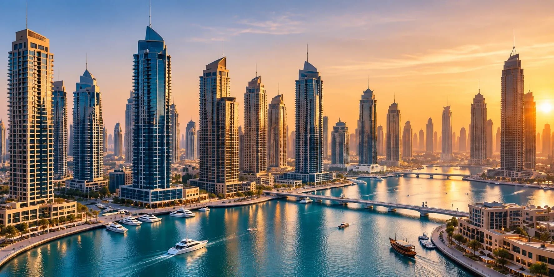 Residential towers along Dubai Marina at sunset