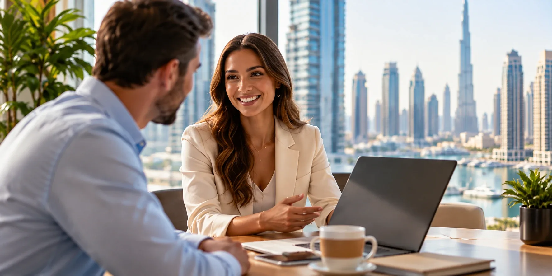Property manager meeting a landlord in an office overlooking Dubai