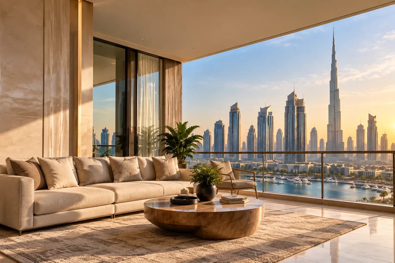 Apartment living room with a balcony view of the Dubai skyline