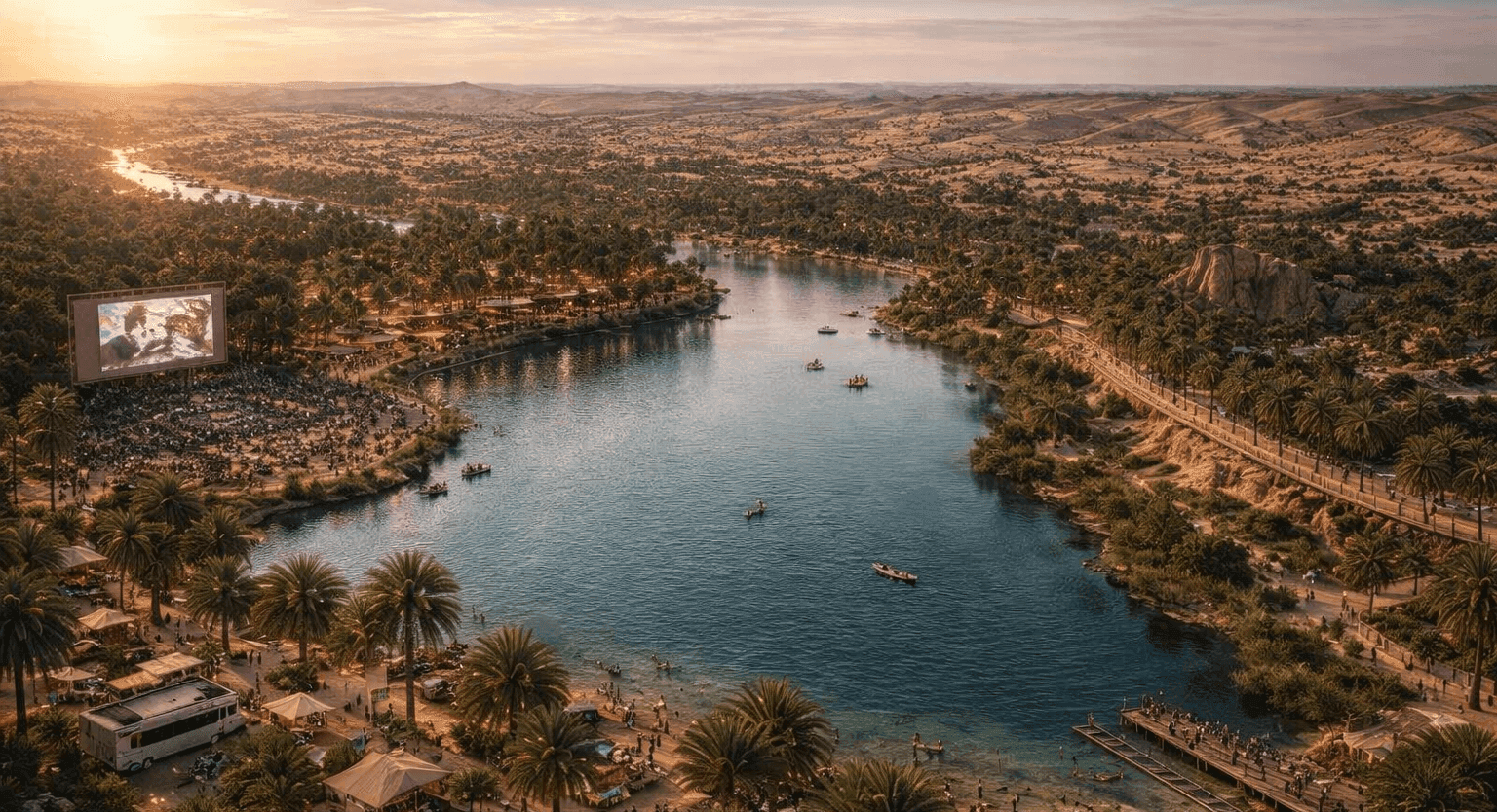 Aerial view of a desert oasis lake at sunset featuring palm trees, outdoor cinema screen, market tents, boats on water, and sand dunes in the background.