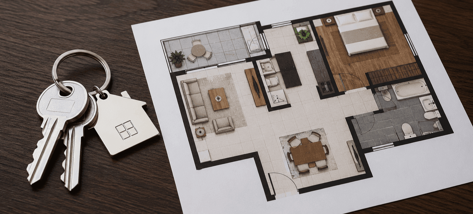 Apartment floor plan and property keys representing a Dubai apartment sale and transfer process for cash buyers.