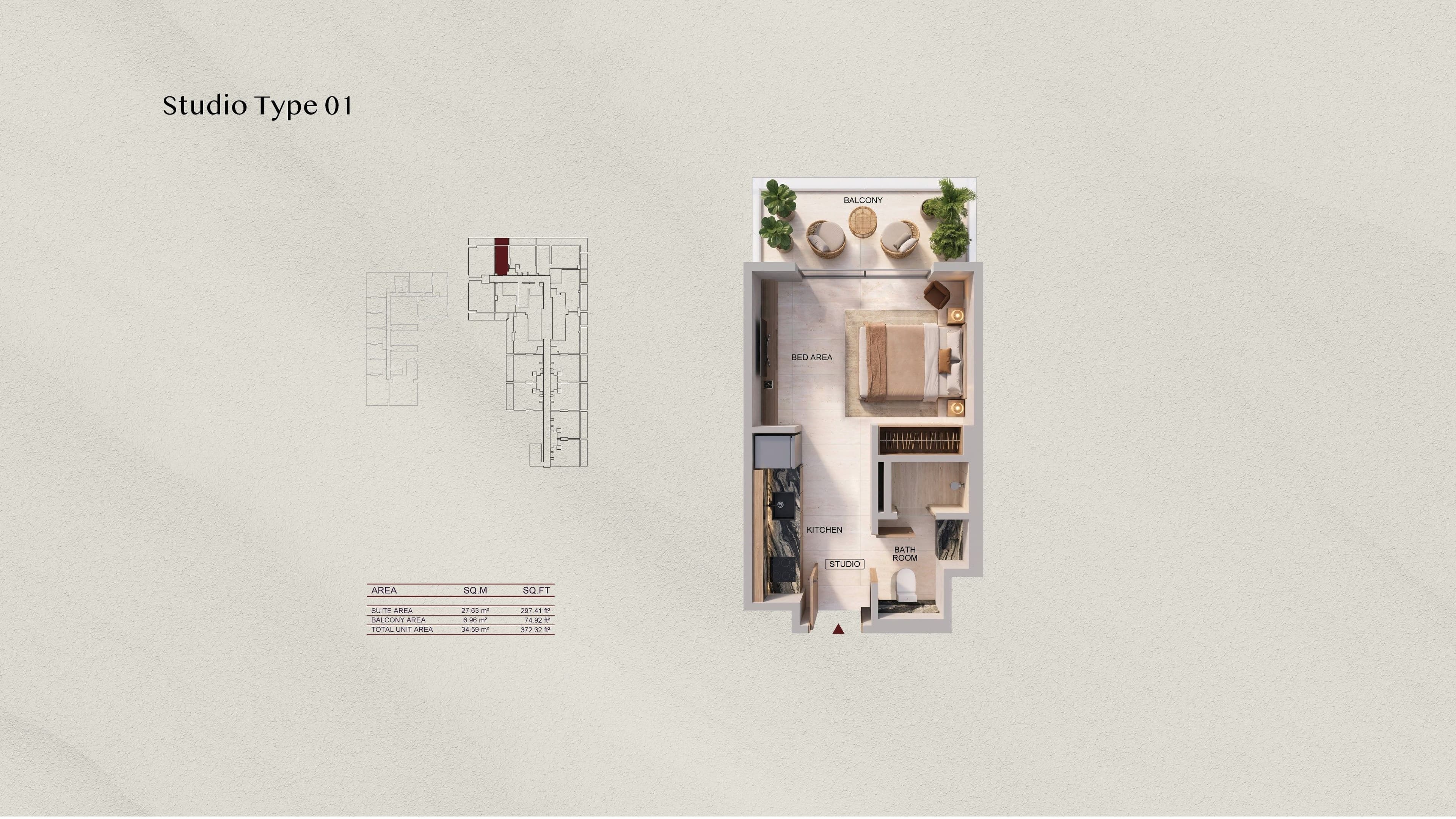 Binghatti Spectre Studio Type 01 floor plan - 372.32 sq ft total (representative, Binghatti)