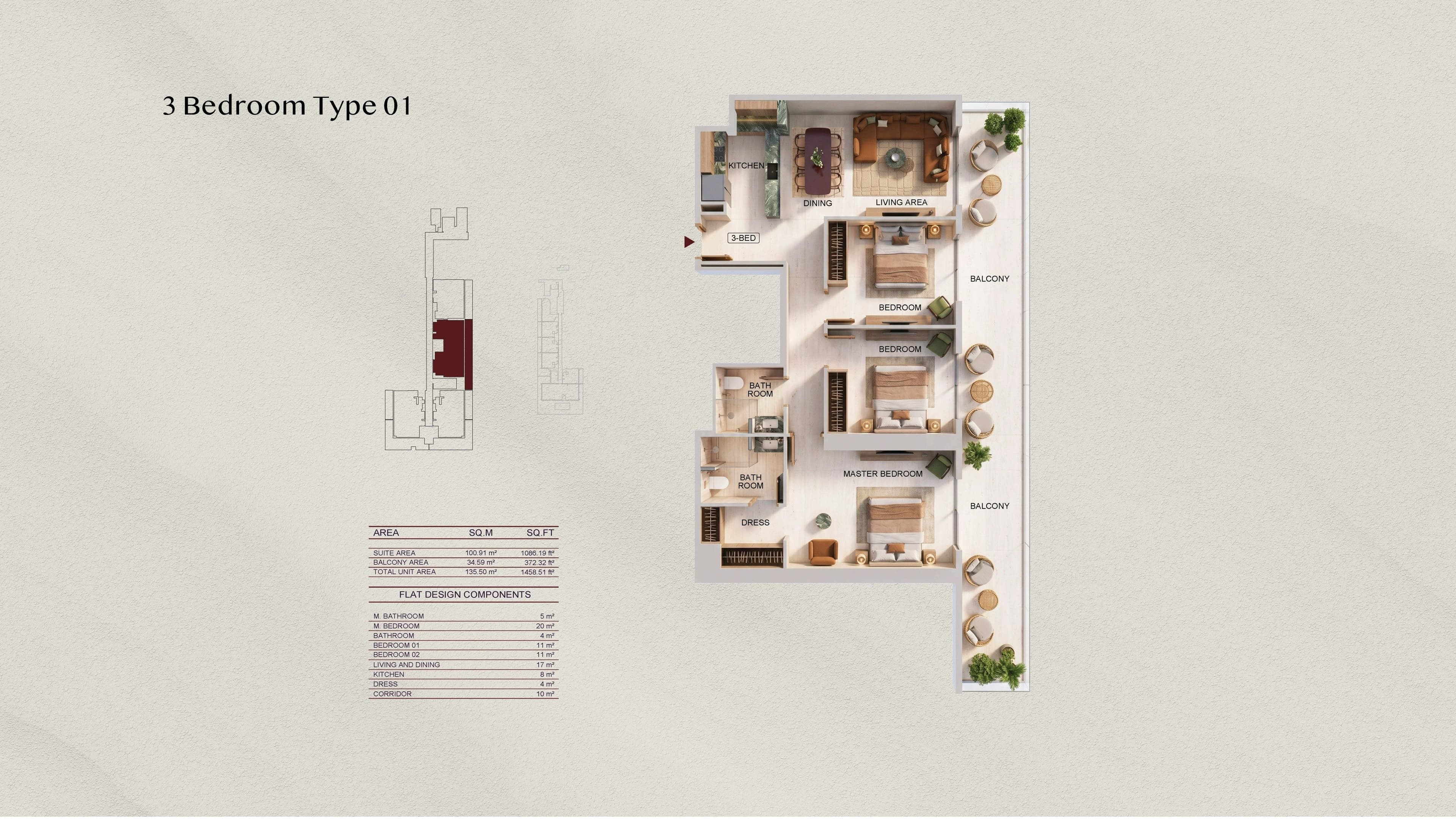 Binghatti Spectre 3 Bedroom Type 01 floor plan - 1,458.51 sq ft total (representative, Binghatti)