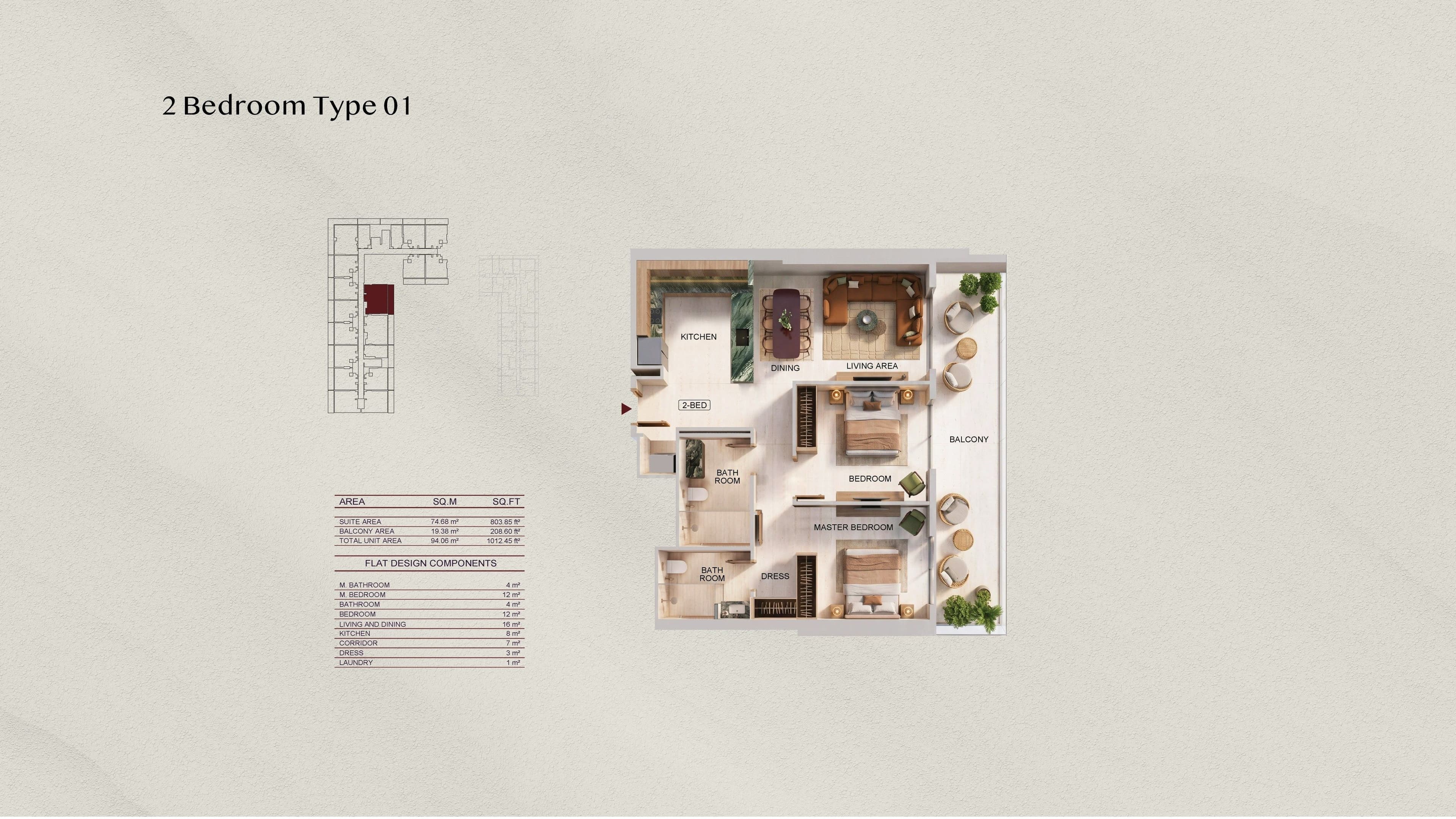 Binghatti Spectre 2 Bedroom Type 01 floor plan - 1,012.45 sq ft total (representative, Binghatti)