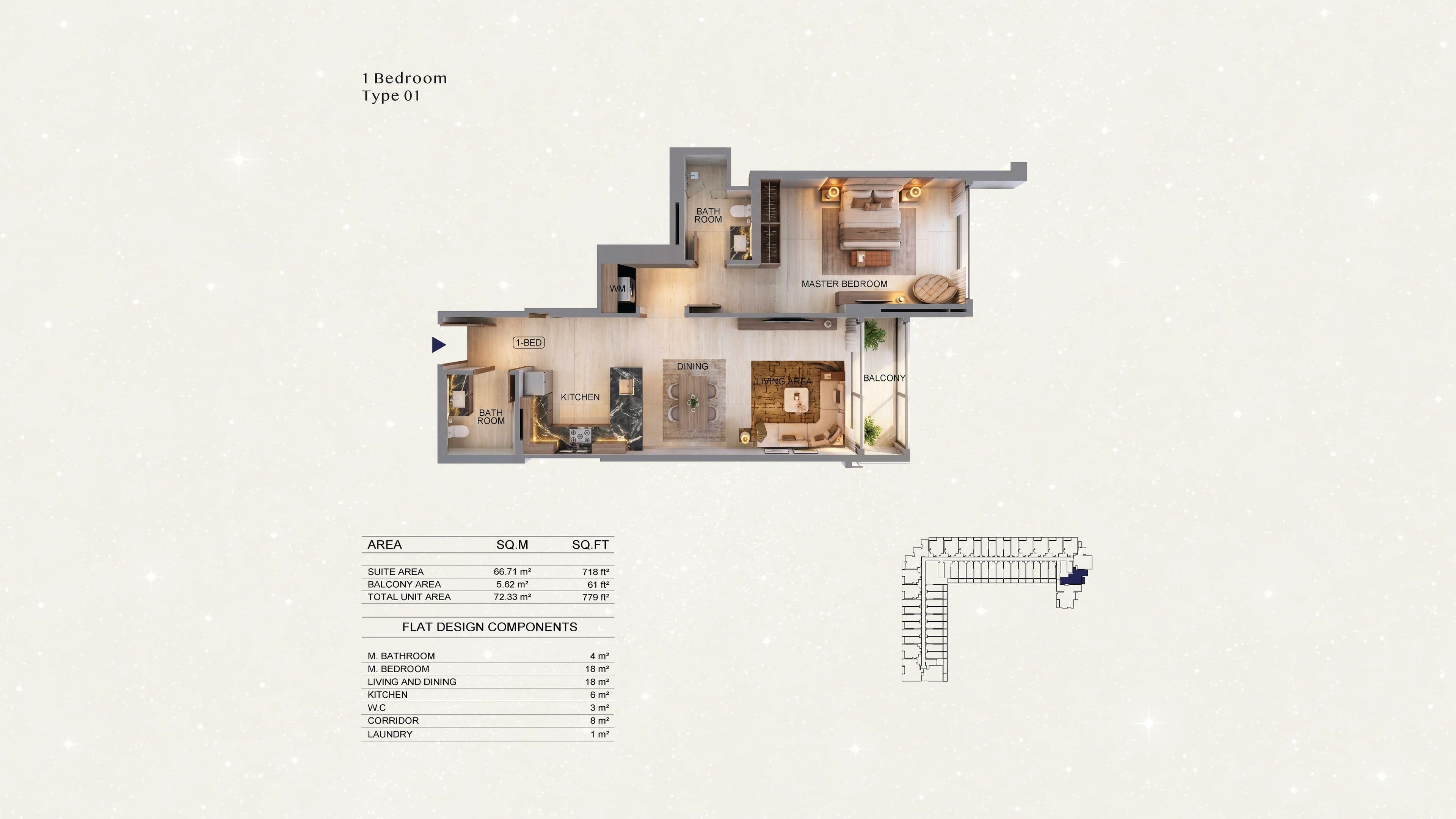 Binghatti Starfall 1 Bedroom Type 01 floor plan - 779 sq ft total (representative, Binghatti)