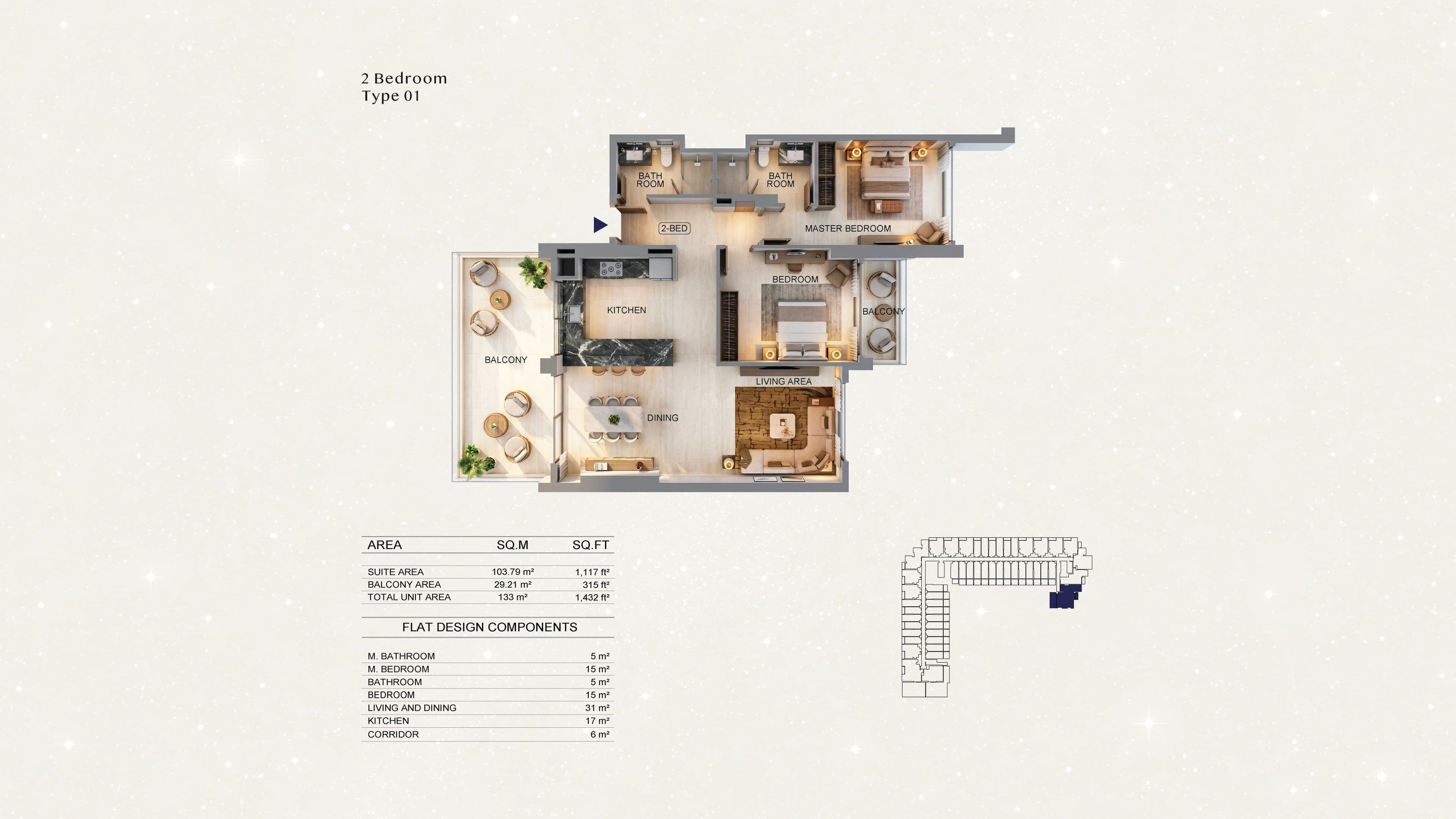 Binghatti Starfall 2 Bedroom Type 01 floor plan - 1,432 sq ft total (representative, Binghatti)