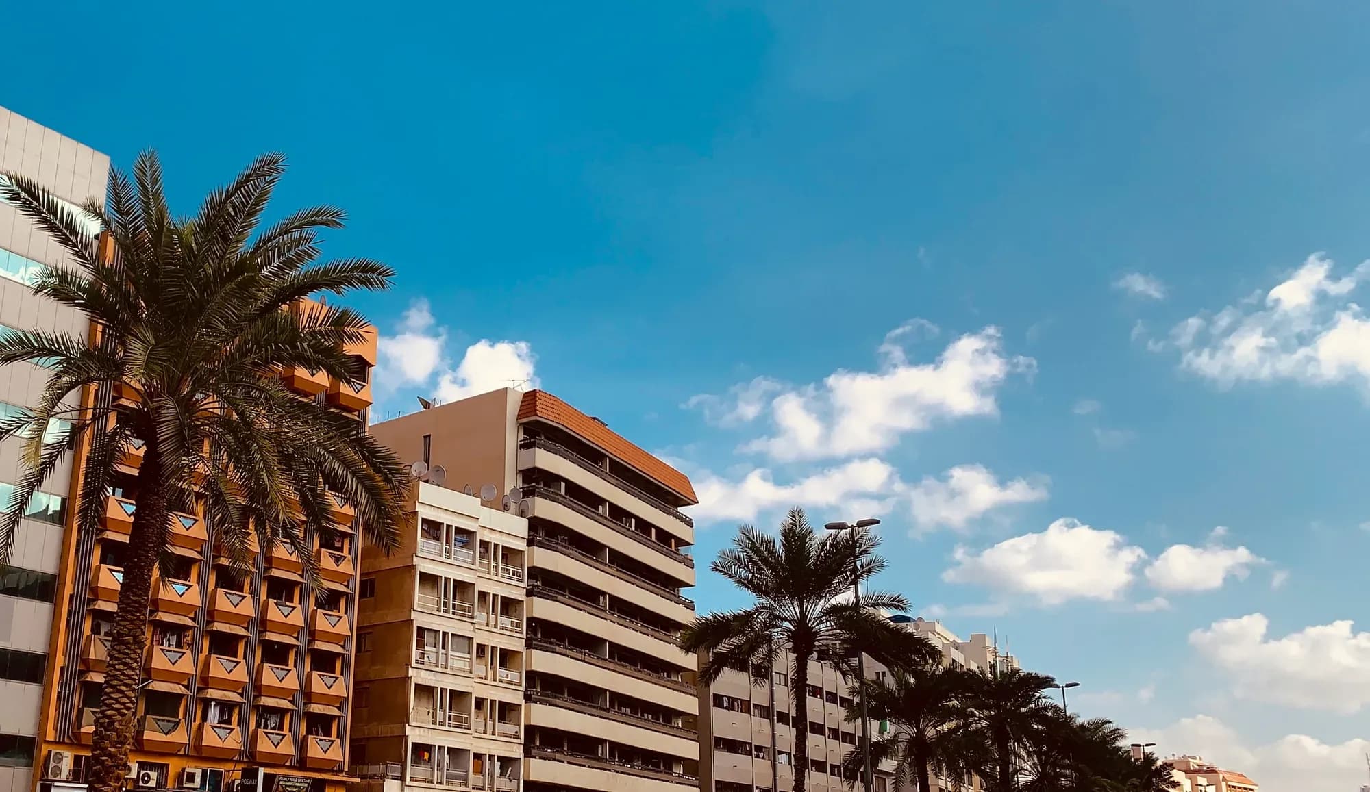 Mid-rise residential apartment buildings with balconies and palm trees in an older Dubai neighbourhood