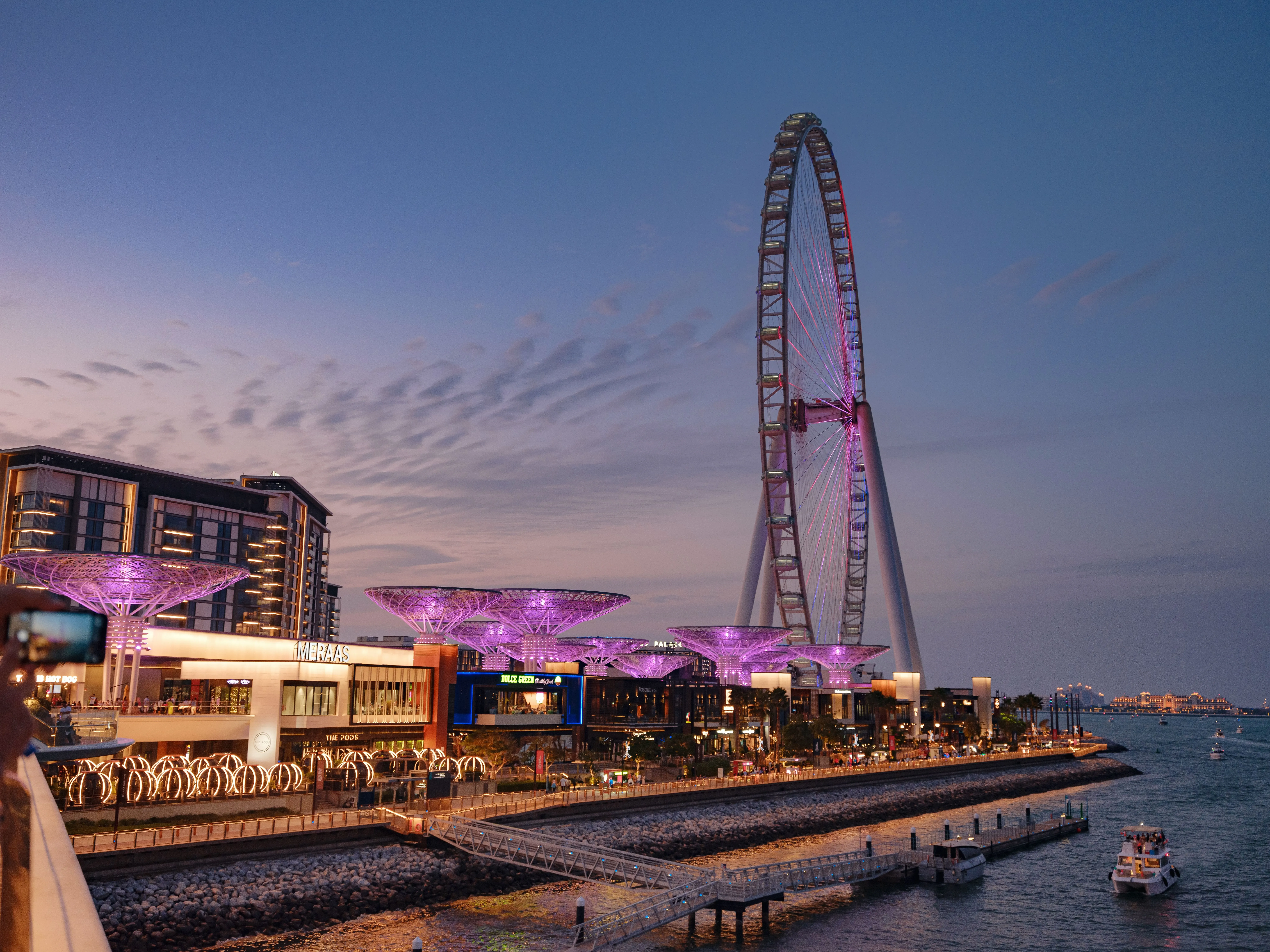 Evening scene of the Ain Dubai Ferris wheel glowing purple above the busy shops and restaurants on Bluewaters Island.