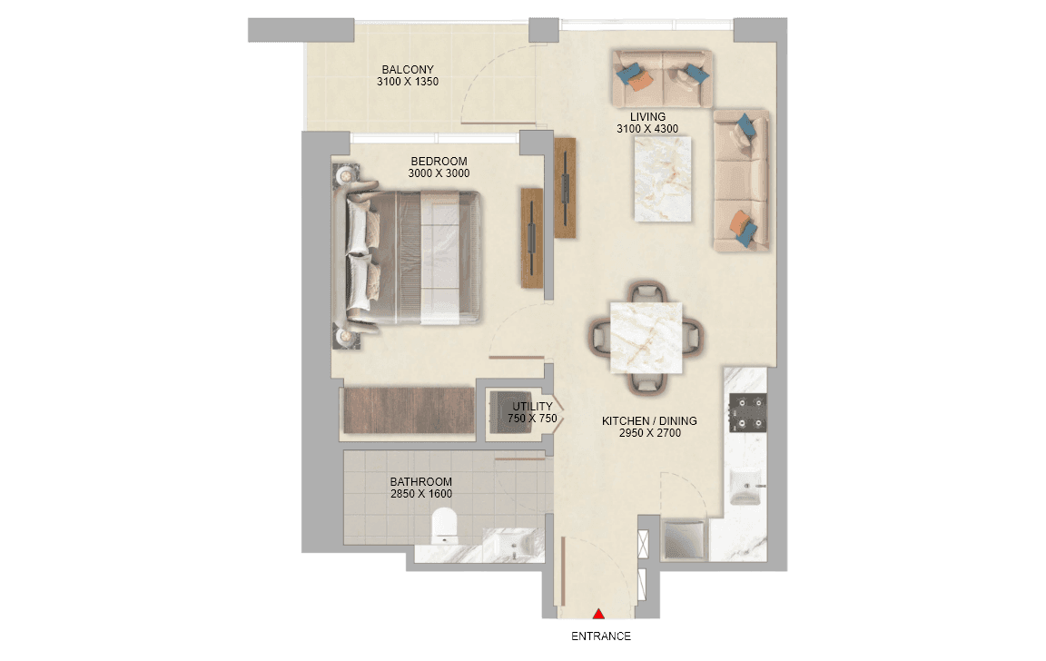 The Woods Abode 1 Bedroom Type A floor plan - 546.38 sq ft total (Sobha Realty)