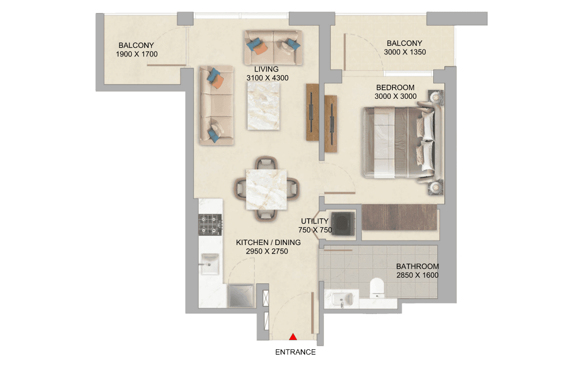 The Woods Abode 1 Bedroom Type B floor plan - 590.51 to 590.72 sq ft total (Sobha Realty)