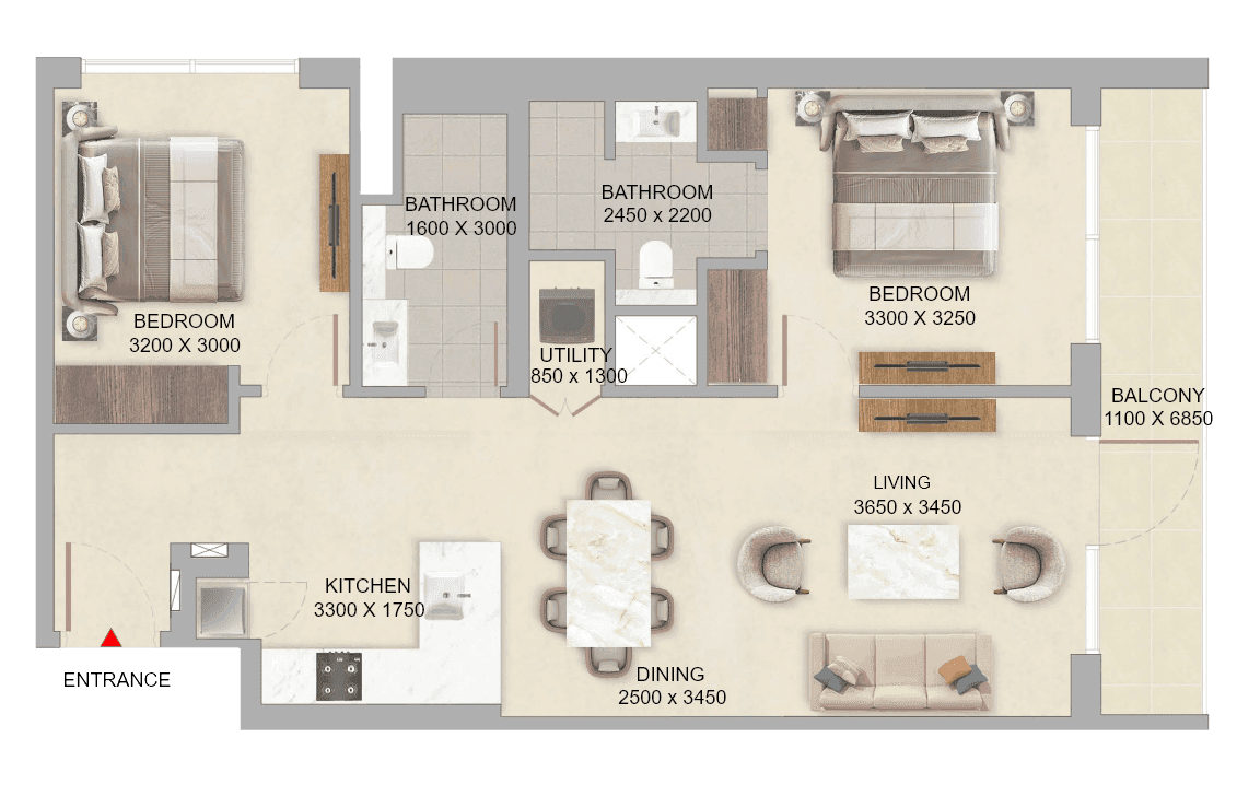 The Woods Abode 2 Bedroom Type A floor plan - 963.69 sq ft total (Sobha Realty)