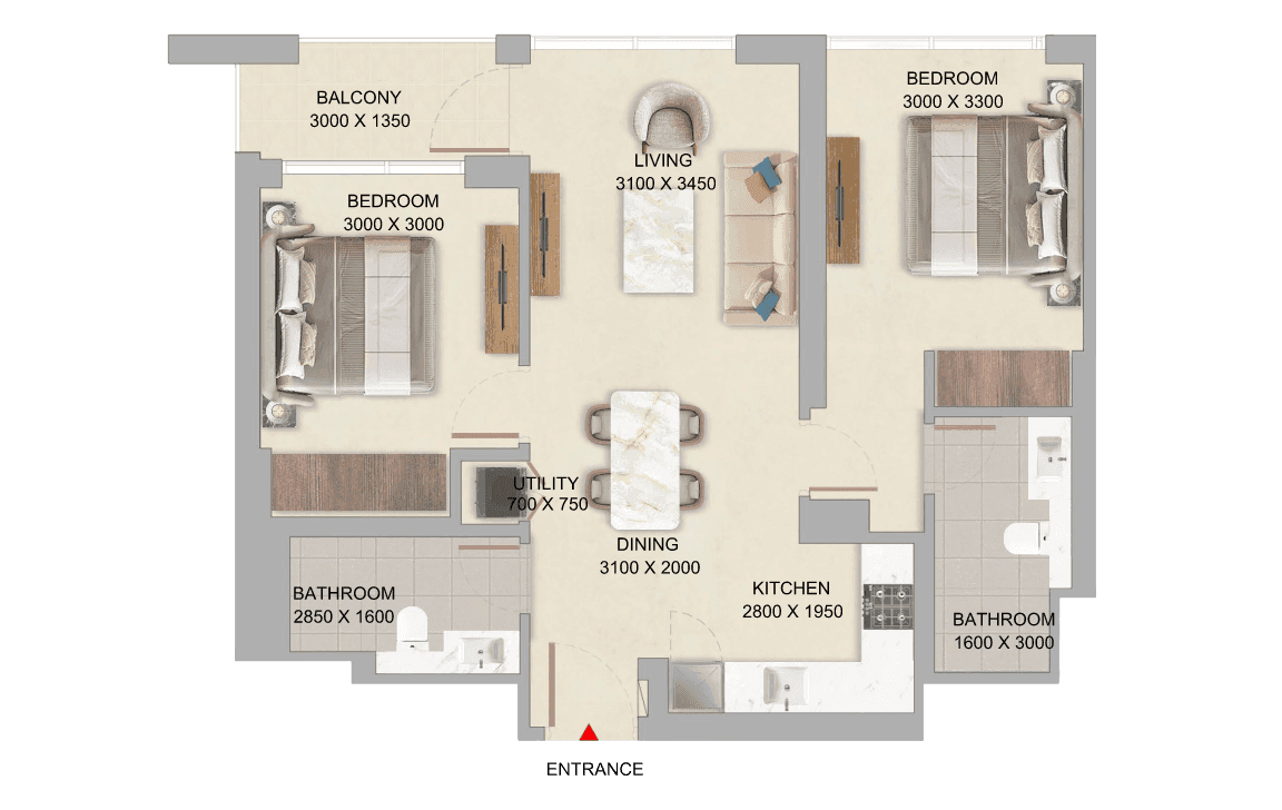 The Woods Abode 2 Bedroom Type D floor plan - 826.56 to 826.67 sq ft total (Sobha Realty)